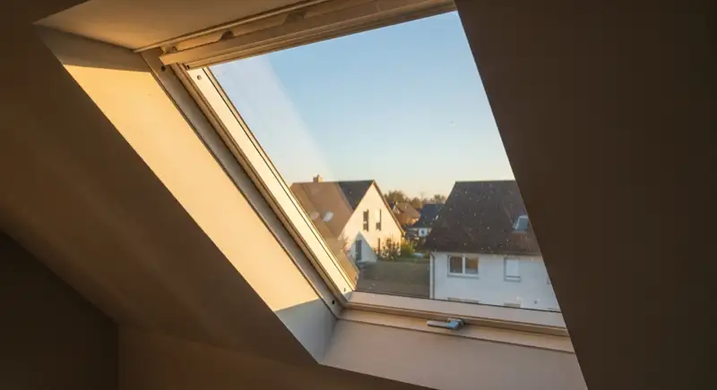 Interior view of a newly finished roof window reveal with clean lining and neat plaster connection in a German attic room, no people