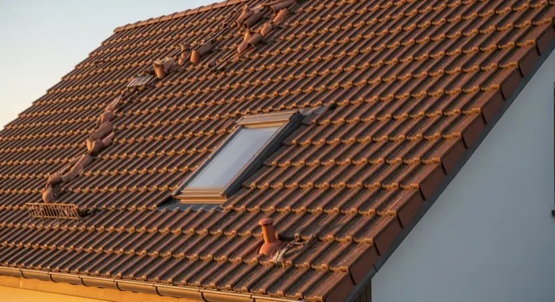 Exterior view of a German residential tiled sloped roof with a newly replaced skylight roof window, clean roof surface, daylight, realistic architectural photography, no people