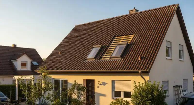 German detached house with pitched tiled roof and newly replaced roof window, tidy residential architecture, natural daylight, no people