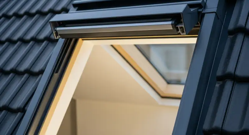 Detail eines modernen Dachfensters mit Rahmen, Verglasung und heller Innenlaibung