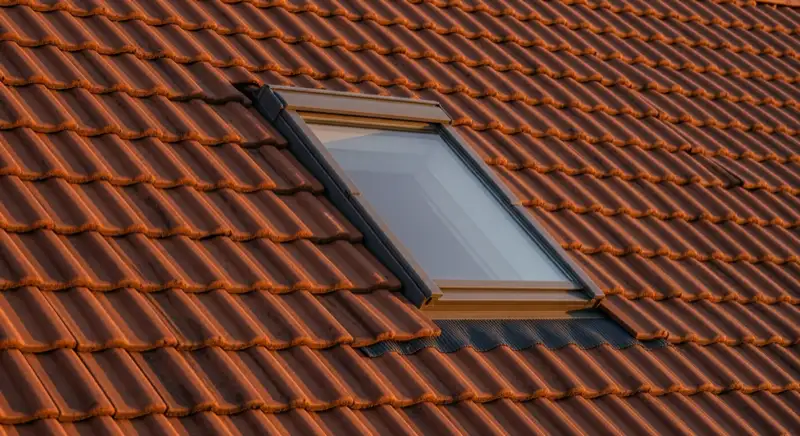 Ein einzelnes modernes Dachfenster außen in einem deutschen Ziegeldach mit sauberem Eindeckrahmen