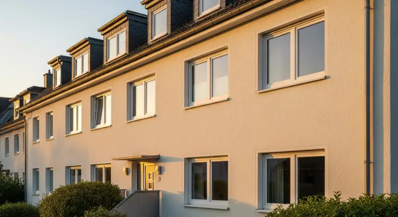 Deutsche Wohnhausfassade mit mehreren neuen Fenstern nach energetischer Sanierung