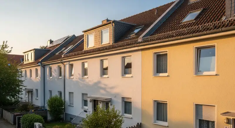 Reihenhausdächer in einer deutschen Wohnstraße mit einzelnen Dachfenstern