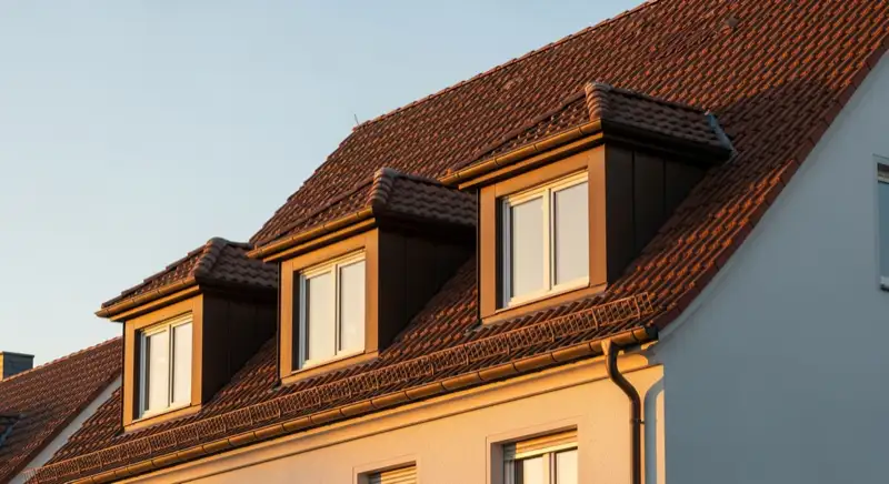 Altbaufassade mit steilem Ziegeldach und dezent integrierten Dachfenstern