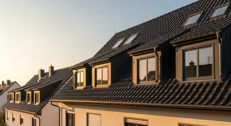 Mehrere Dachfenster auf einem Wohnhausdach als Beispiel für Kosten und Einbauaufwand