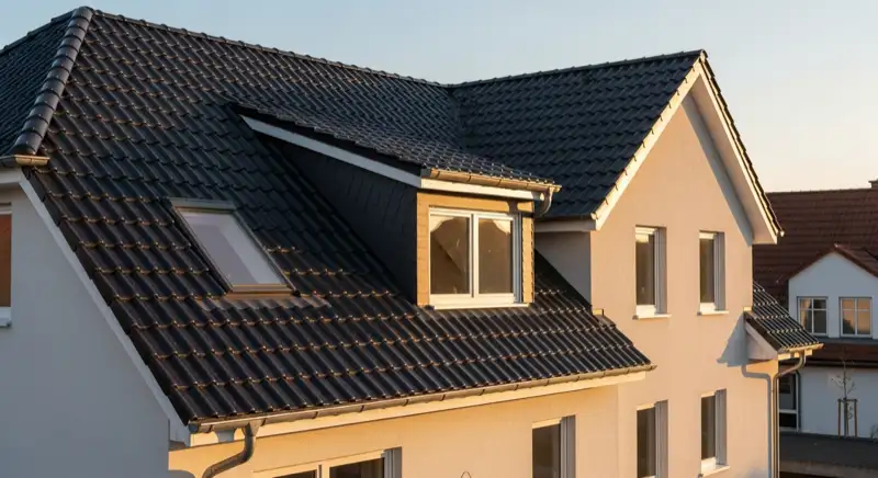 Modernes Dachfenster mit Eindeckrahmen in dunkler Dachfläche und klarer Dachneigung