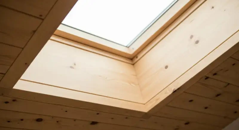 Innenfutter eines Dachfensters aus hellem Holz mit sauber gearbeiteter Laibungskante von innen