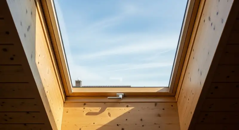 Blick von innen durch ein geöffnetes Dachfenster zum Himmel, Bediengriff am unteren Rahmen