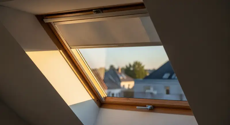 Dachfenster von innen mit neutralem Stoffrollo als Hitzeschutz, sauberer Laibung und hellem deutschen Dachraum, realistische Innenaufnahme ohne Marken und ohne Personen