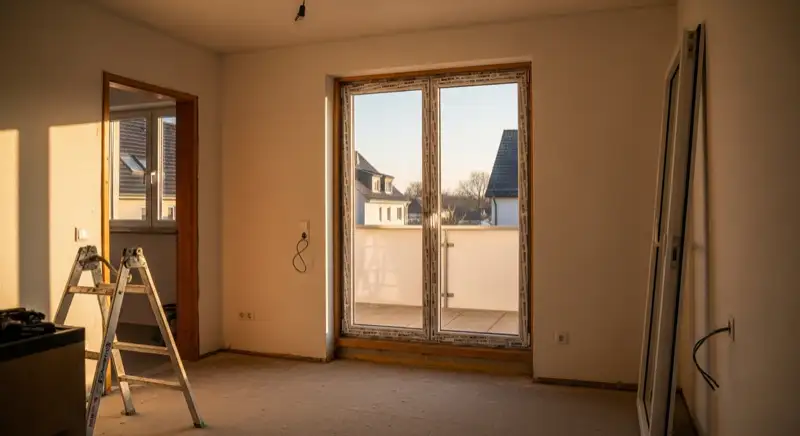 Residential window replacement construction context with empty room, prepared opening, new window frame installed, clean renovation site, no people