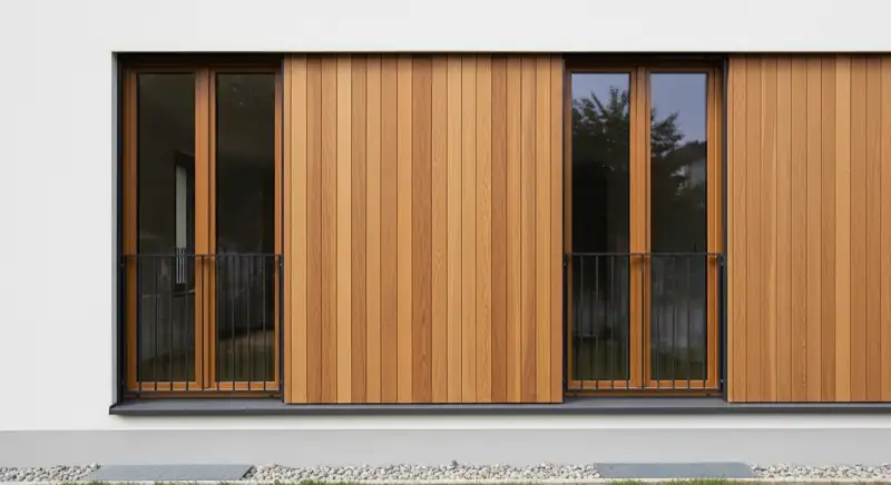 Elegant wood-aluminium style windows on a contemporary German residential facade with warm natural materials, no people