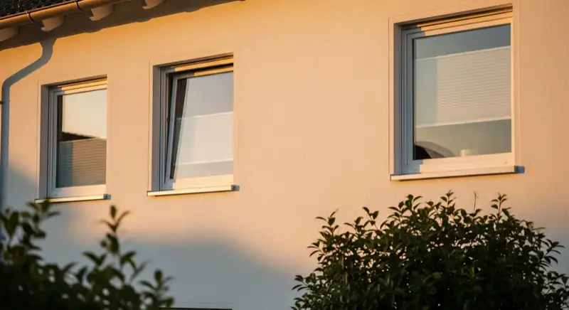 Modern white uPVC windows on a tidy German detached house facade, realistic residential architecture, no people