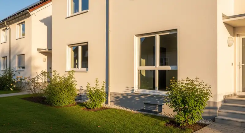 Saniertes deutsches Wohnhaus mit neu eingebauten energieeffizienten Fenstern und gepflegter Fassade
