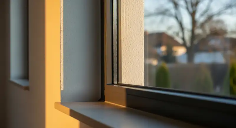 Neu eingebautes Wohnhausfenster mit dichter Anschlussfuge und hellem Rahmen