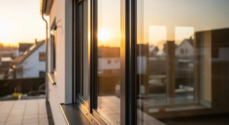 Nahansicht eines modernen Fensters mit Rahmenprofil und dichtem Wandanschluss