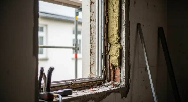 Teilweise ausgebaute alte Fensterzarge mit freigelegtem Mauerwerk, gelbem Dämmschaum und Bauschutt auf der Fensterbank