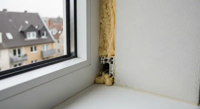 Frisch eingebautes weißes Fenster von innen, gelber Montageschaum quillt aus der Anschlussfuge zur Wand