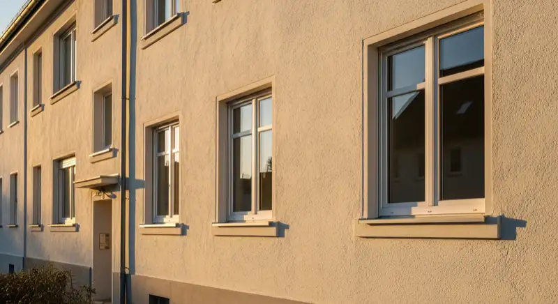 Renovated German Altbau residential facade with newly replaced windows, clean masonry and plaster, no signs, no logos, no people