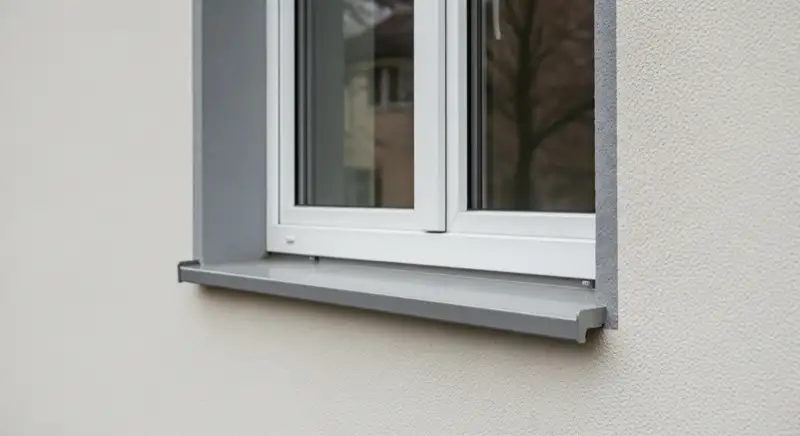 Medium wide exterior view of newly installed residential windows in a clean plaster facade, visible sills and wall reveals, realistic architecture photography, no people