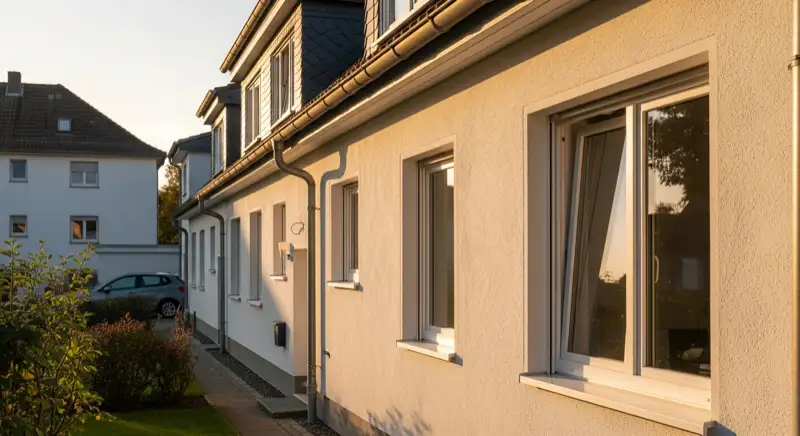 Medium close exterior view of a German residential facade with new windows, clean window sills and fresh plaster around the openings, realistic architecture photography, no people
