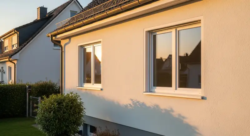 German detached house facade with newly modernized windows and clean plaster reveals, tidy garden, realistic real estate photography, no people