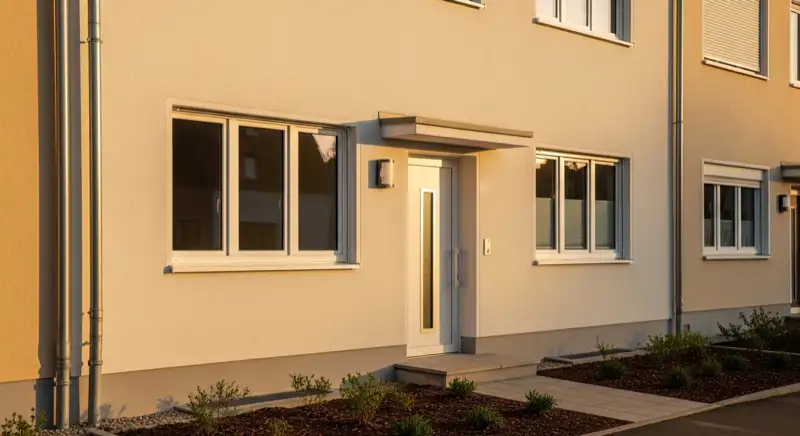 German residential facade with new windows and a plain modern exterior door, tidy entrance area, realistic architecture photography, no signs, no logos, no people