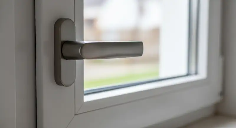 Silberner Fenstergriff an einem geschlossenen weißen Fensterflügel in Nahaufnahme