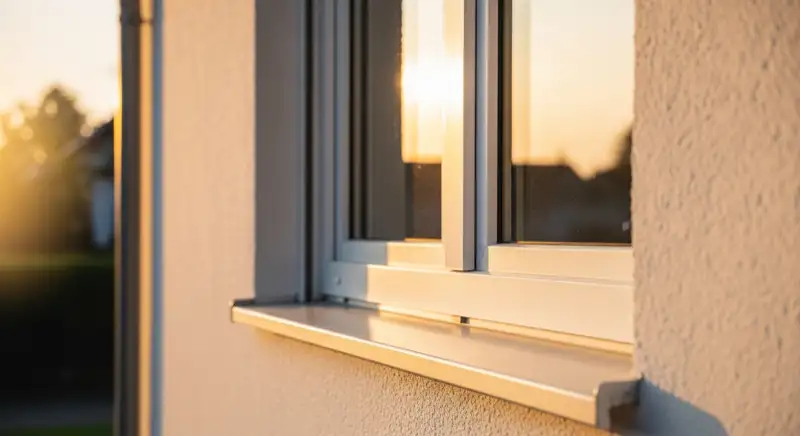 Detail eines neuen Fensters mit Beschlag, Rahmenprofil und Käufer-relevantem Qualitätsmerkmal