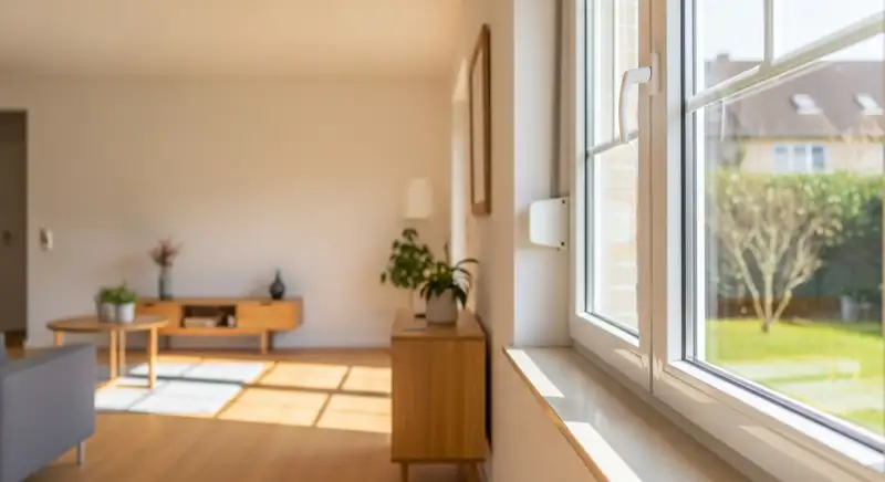 Heller Wohnraum mit Holzboden, Sonnenlicht auf den Dielen und großem weißen Fenster mit Blick in einen Garten
