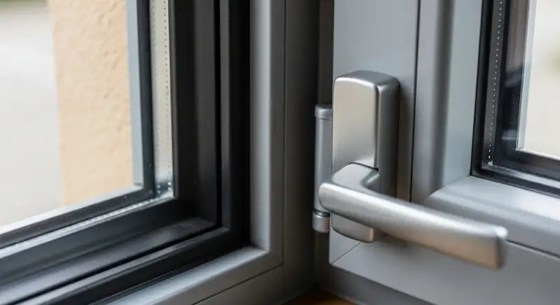 Nahaufnahme einer grauen Fensterecke mit schwarzem Dichtungsprofil, dunklem Glasrandverbund und silbernem Fenstergriff