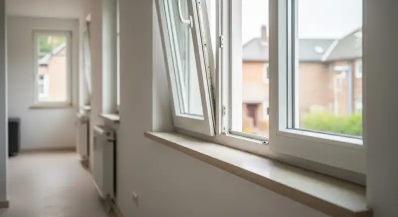 Weißes gekipptes Fenster in einem leeren hellen Raum mit heller Innenfensterbank und verputzter Laibung, im Hintergrund Nachbarhäuser