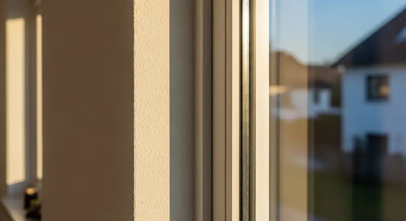 Neu montiertes Wohnhausfenster mit glattem Putzanschluss und heller Verglasung