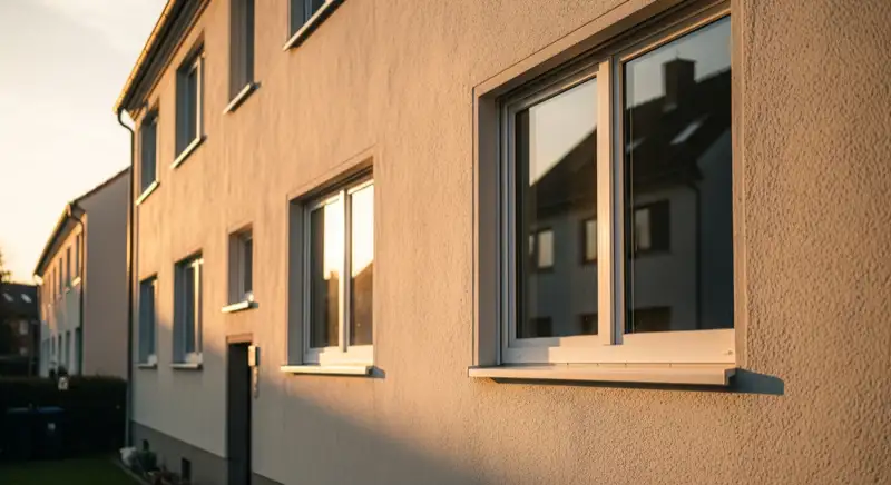 Deutsche Wohnhausfassade mit neuen Fenstern in schlichter Putzfassade