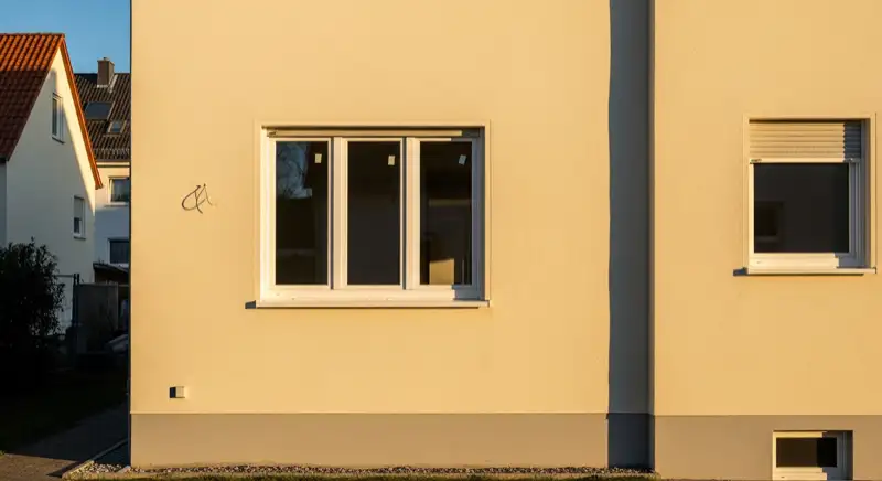 Deutsche Wohnhausfassade mit einem einzelnen neuen Fenster und sauberem Putzanschluss