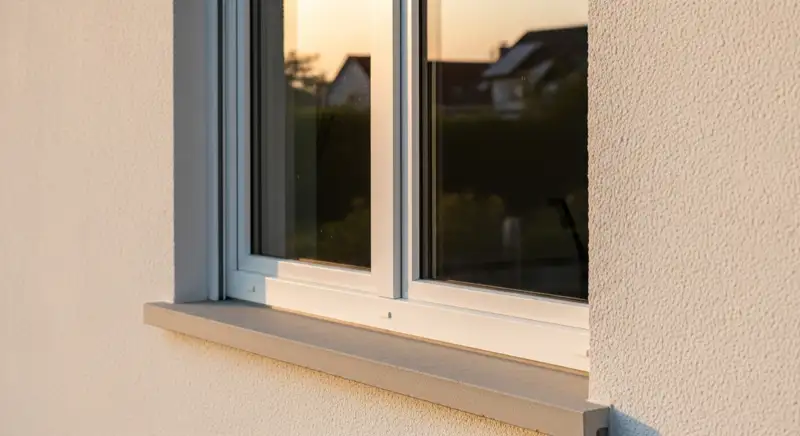Close realistic architectural detail of modern triple-glazed window frame in a German home, clean glass edge and frame profile, no people, no text, no logos