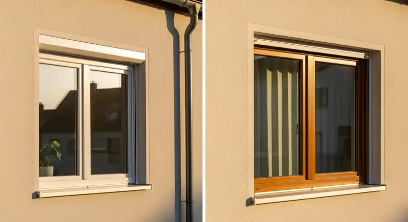 German residential facade showing realistic modern window material variants, white uPVC frames and warm wood-aluminium frames, no people, no text, no logos