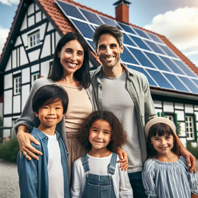 Familie vor ihrem Beckumer Eigenheim mit Solaranlage auf dem Dach