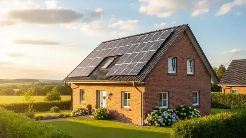 Einfamilienhaus mit Photovoltaikanlage in Bielefeld, Teutoburger Wald im Hintergrund