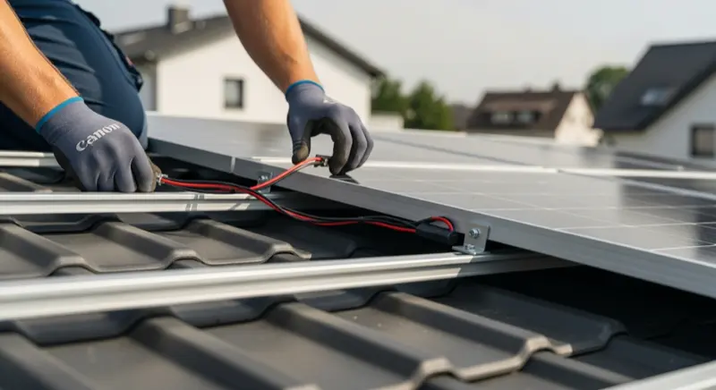 Solarinstallateur bei der Montage auf einem Bielefelder Dach