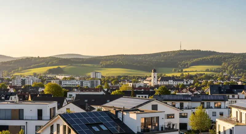 Blick von der Sparrenburg auf Bielefelder Wohngebiete mit Solardächern
