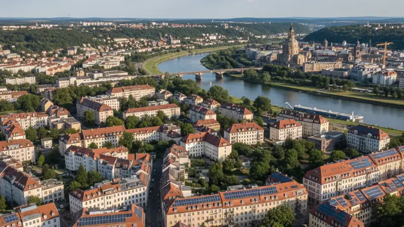 Dresdner Skyline mit Solaranlagen an der Elbe