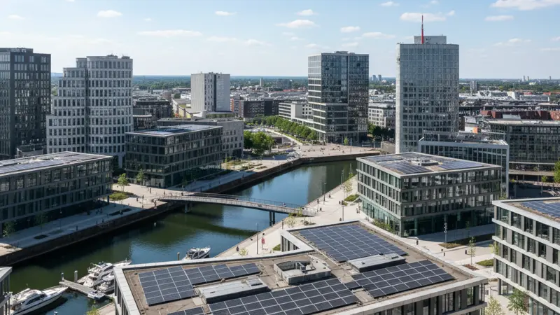 Blick auf den Düsseldorfer Medienhafen mit modernen Gebäuden und Solaranlagen