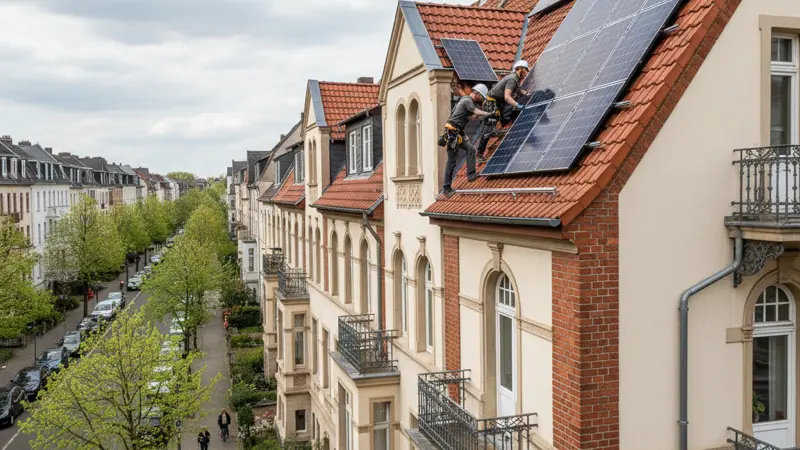 Solarinstallateur bei der Montage auf einem Emsdettener Dach
