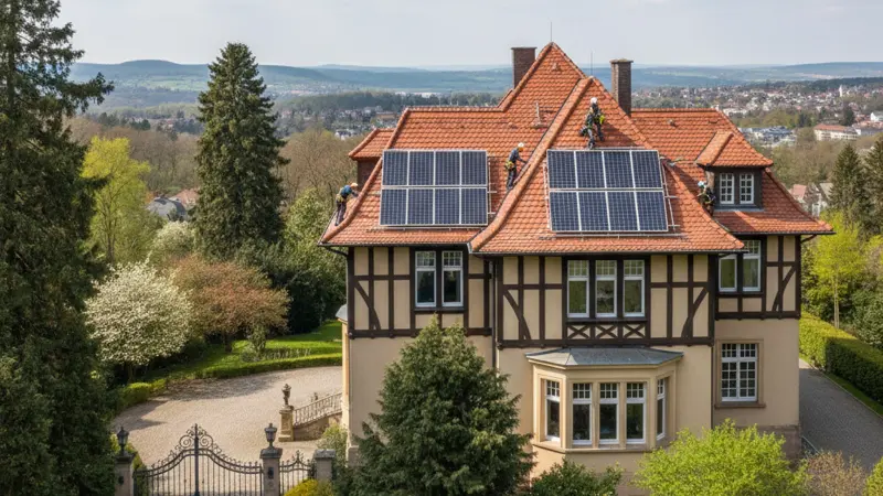 Montage einer Solaranlage auf einem Essener Hausdach