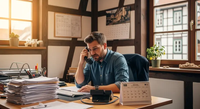 Handwerker am Schreibtisch mit unbeantworteten Leads und verpassten Chancen