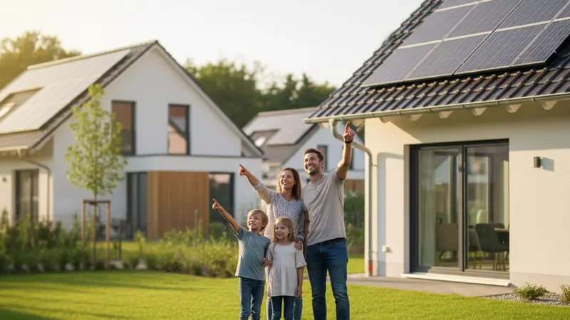 Frankfurter Familie vor ihrem Haus mit Solaranlage