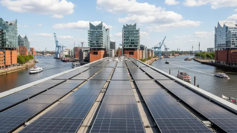 Hamburger Hafen mit Solaranlagen auf Gewerbegebäuden