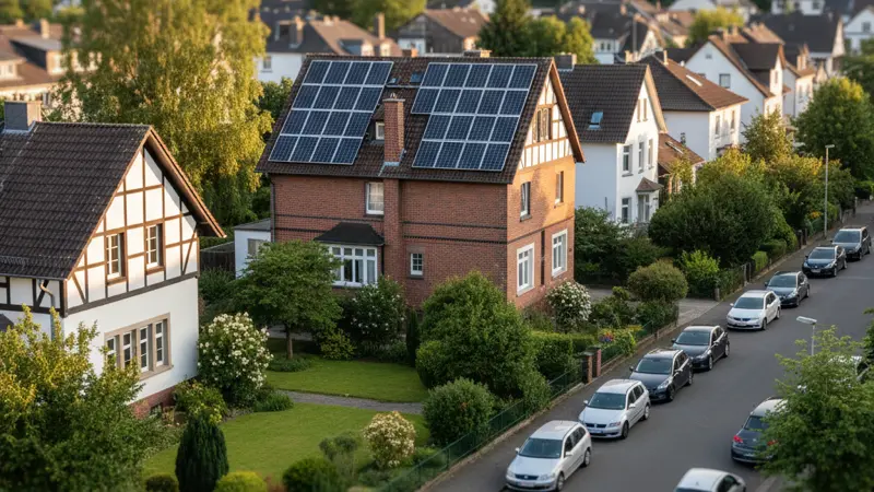 Solaranlage auf einem Essener Einfamilienhaus mit Blick auf die grüne Stadtlandschaft