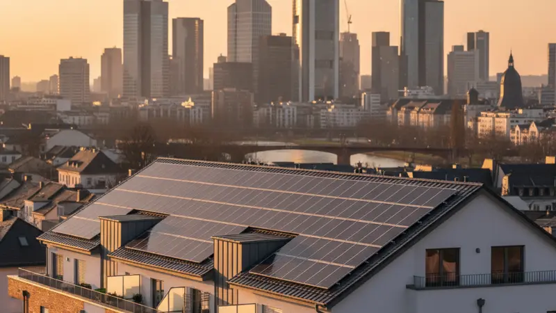 Solaranlage auf einem Frankfurter Einfamilienhaus mit Skyline im Hintergrund