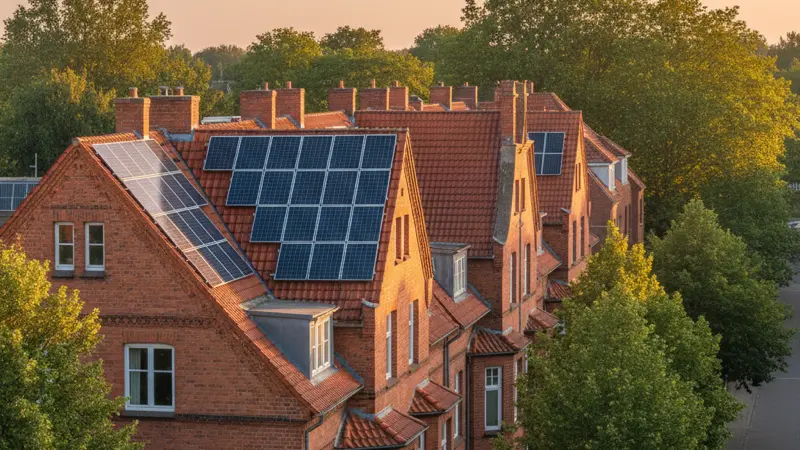 Solaranlage auf einem Hamburger Reihenhaus mit Blick auf die Elbe